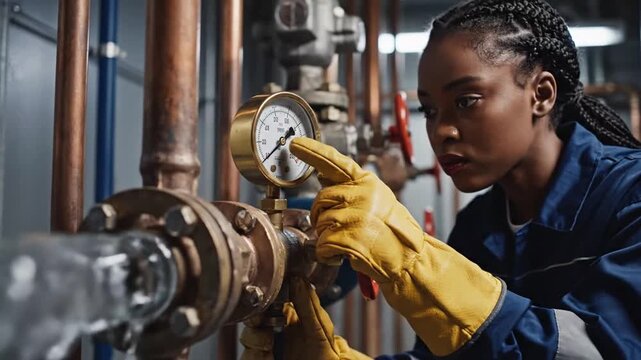 Focused Young Female Technician Adjusting Industrial Gauges in Manufacturing