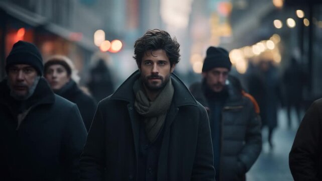 Sad and Thoughtful Man in Night City Scene