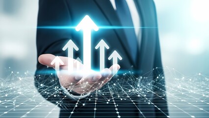Hand of Businessman Holding Glowing Upward Arrows. Concept of Business Growth, Financial Success, Positive Trend, and Future Technology Management.