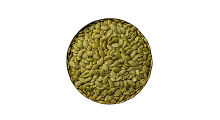 Round wooden bowl filled with vibrant green raw shelled pumpkin seeds (pepitas), meticulously distributed on a solid transparent background with copy space, concept for healthy food advertising