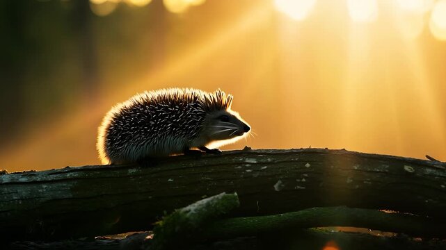 A hedgehog carefully moves along a tree log. The warm sunlight creates a serene background as the hedgehog explores its natural habitat.