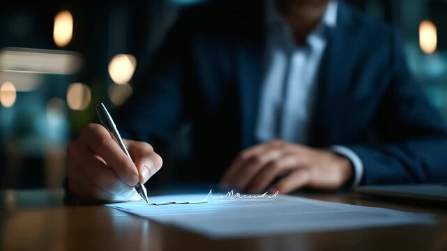 Professional signing digital contract with stylus on virtual screen electronic signature interface online agreement platform paperless documentation system secure workflow tech