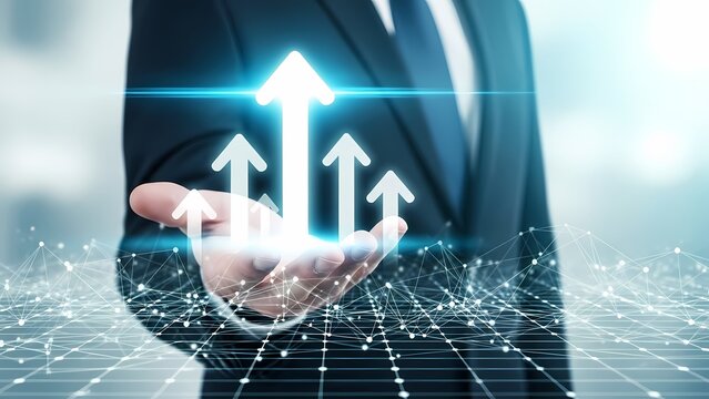 Hand of Businessman Holding Glowing Upward Arrows. Concept of Business Growth, Financial Success, Positive Trend, and Future Technology Management.