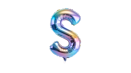 Colorful metallic shiny foil balloon letter S isolated on transparent background for celebrations
