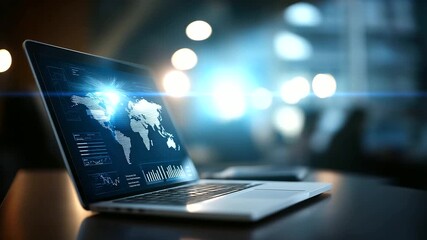 Artificial intelligence analytics on laptop screen big data processing visualization global network connectivity machine learning dashboard predictive analytics interface data - Powered by Adobe