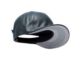 Shiny black leather baseball cap with curved brim and adjustable strap isolated on transparent background