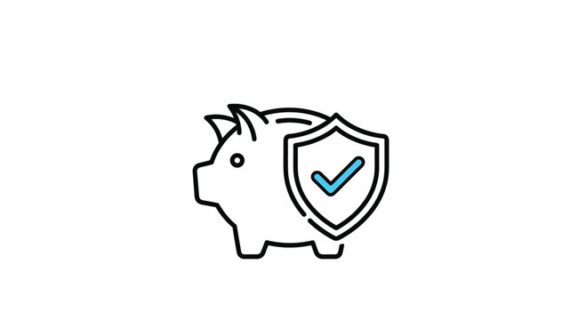 Financial security icon showing a piggy bank protected by a shield with a blue checkmark for savings and insurance themes.