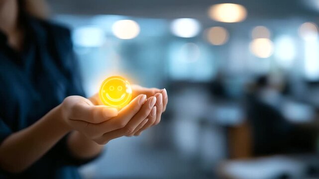 Business hand holding glowing smiley face icon positive mindset visualization mental wellness concept emotional balance symbol workplace happiness indicator self care - Powered by Adobe
