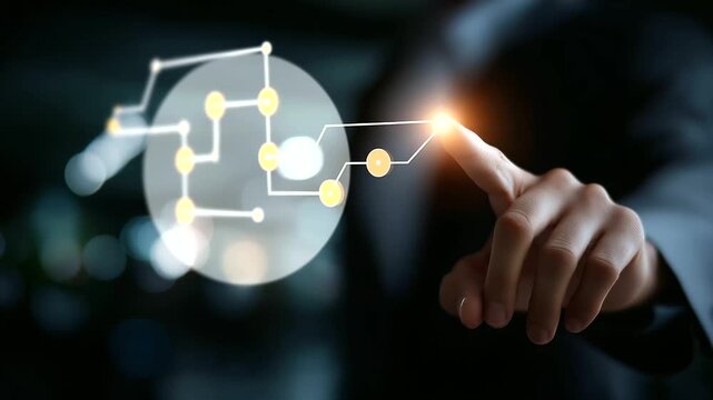 Business hand interacting with virtual flowchart interface process automation visualization workflow design dashboard system integration mapping decision making framework