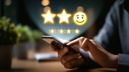 Business hand on smartphone with emoji and star rating overlay customer satisfaction interface digital review system service rating platform feedback collection dashboard user - Powered by Adobe