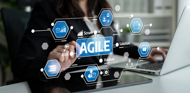 Business professional interacting with digital agile project management interface showcasing various methodologies and solutions in a modern office setting. Tessel. - Powered by Adobe