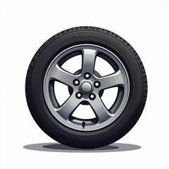 Car tire with alloy rim shown isolated on white studio background. Clean automotive wheel part features tread and metal star spokes. Round object for auto repair or sale.