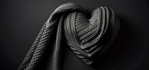 woven heart shape on dark background with copyspace, concept of jewelry, textile, design