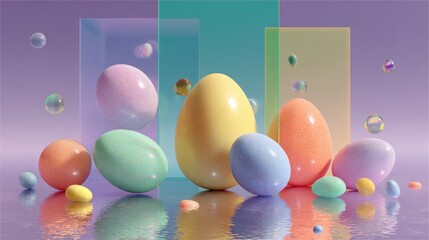 Floating shapes and translucent eggs create an abstract 3D composition in a cyber pastel scene with reflections