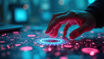 Close up hand interacting with glowing circuit board. Futuristic interface with blue and pink lights. Digital data stream flow. Advanced tech and AI concept.