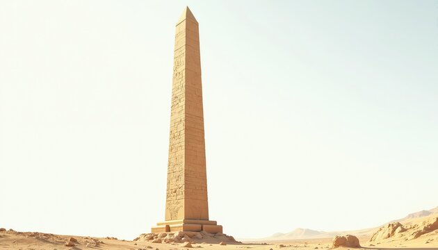 Ancient Egyptian obelisk stands tall in a vast desert landscape. Stone monument features hieroglyphic carvings under clear sky. Isolated structure in sandy terrain evokes historical wonder.