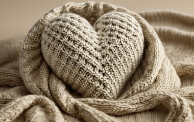 knitted heart wrapped in warm blanket on beige background, concept of love, banner, cozy home