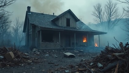 Destroyed house engulfed in flames, smoke stands amidst scattered debris. Bare trees frame scene, creating somber mood after severe disaster. This image reflects loss, devastation in rural setting.