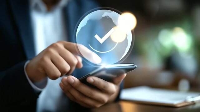 Business hand using mobile platform for document verification digital certification interface quality assurance visualization approval system dashboard secure document