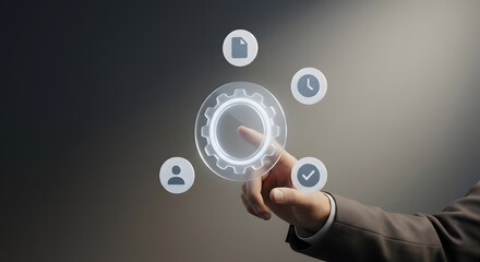 Businessman hand touching virtual gear icon with digital business icons representing process automation management optimization and industrial technology strategy in a dark background