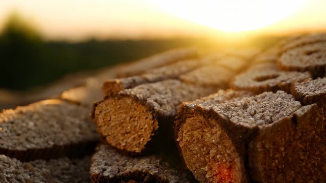 Cut logs are stacked alongside each other with a warm sunset illuminating the scene. The logs' textures are highlighted by the sunset, showcasing their natural beauty and details.