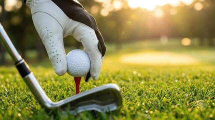 Golfer Placing Ball on Tee on Golf Course at Sunset