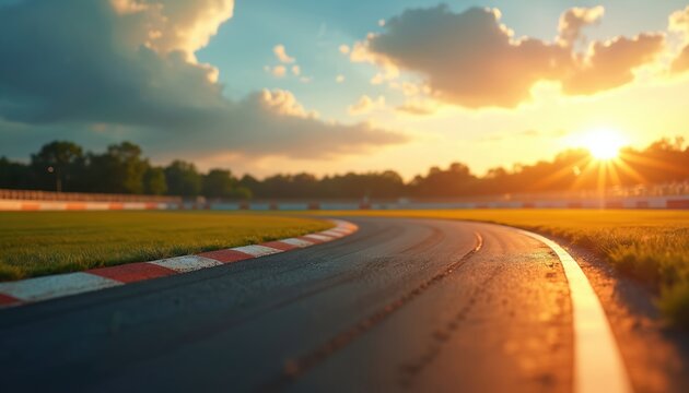 Race track curves at golden hour sunset. Asphalt road borders green grass field. Orange sun rays shine through clouds onto the circuit landscape. Spectator stands visible in distance.