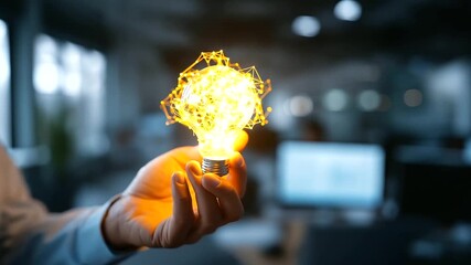 Hand holding illuminated light bulb with neural network visualization and data streams artificial intelligence innovation concept big data analytics creative technology solution - Powered by Adobe