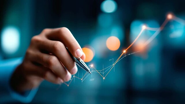 Hand holding pen pointing at ascending business graph yearly growth projection from 2020 to 2026 future planning visualization financial forecast interface business success tra