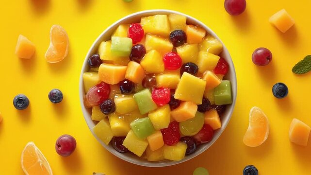 A vibrant overhead view of a colorful fruit salad in a bowl on a bright yellow backdrop