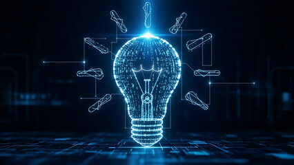 Abstract Blue Light Bulb with Digital Connections on Dark Background
