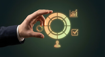 Businessmans hand interacting with glowing digital business dashboard icons including growth charts bar graphs user profile and check mark symbols for management and data analysis