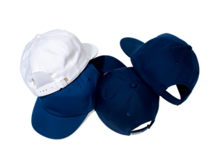 Three different styles of navy blue and white baseball caps laid out flat for display