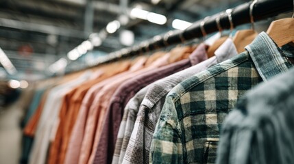 Clothes hanging on racks in a fabric warehouse for fashion apparel in a busy transportation hub