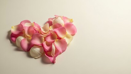 Heart-shaped arrangement of delicate pink and white rose petals on a light background.