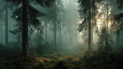Obraz premium Misty forest with sun rays through tall pine trees