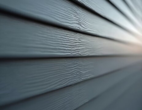 Close up view of grey vinyl siding panels on a house exterior. Shows textured surface and overlapping installation. Modern building material for homes.