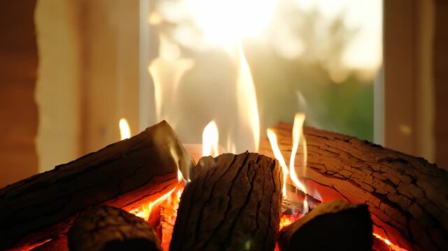 The fire burns brightly, illuminating the logs with warm light. The logs crackle as the flames dance, creating a cozy atmosphere in the room.