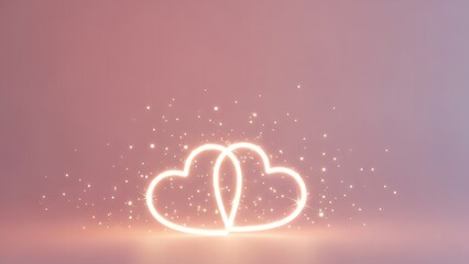 Two Glowing Intertwined Hearts with Sparkling Particles on a Pink Background.