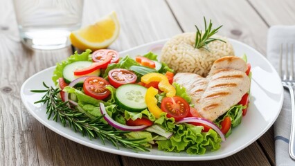 Healthy grilled chicken salad with fresh vegetables and rice