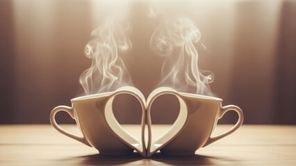 Two steaming coffee cups forming a heart shape, symbolizing love and warmth.