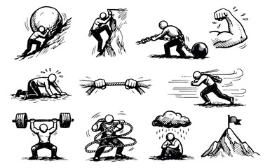 Hand drawn line art challenge and achievement icon set featuring people overcoming obstacles, demonstrating strength, and striving for success for business and life metaphors