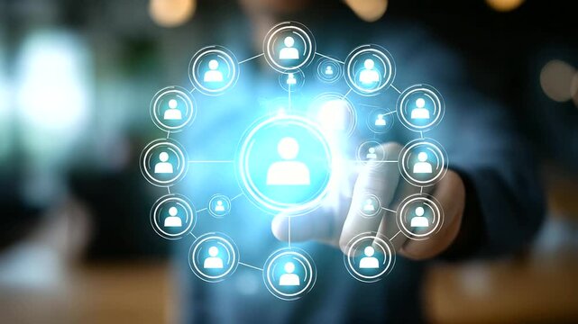 Professional using CRM interface with customer data visualization targeting and analytics icons relationship management dashboard data segmentation platform personalized market