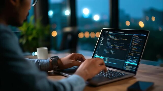 Programmer coding with AI integration interface multiple programming languages software development visualization DevOps dashboard smart coding platform development technology