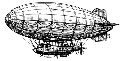 Obraz premium Vintage hand drawn line art illustration of a zeppelin depicting old-fashioned air travel for historical themes and design