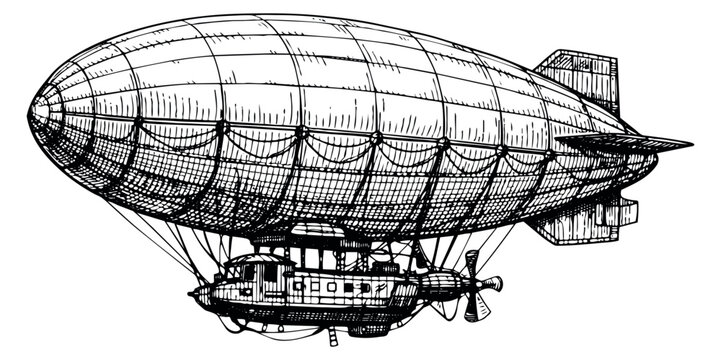 Vintage hand drawn line art illustration of a zeppelin depicting old-fashioned air travel for historical themes and design