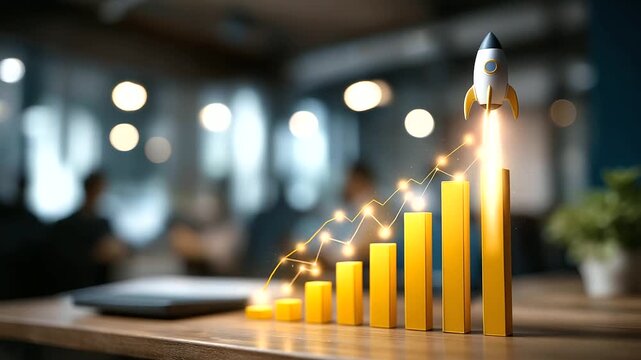 Startup growth visualization with ascending bar chart and rocket symbol business expansion metrics investment performance indicators financial success analytics market growth