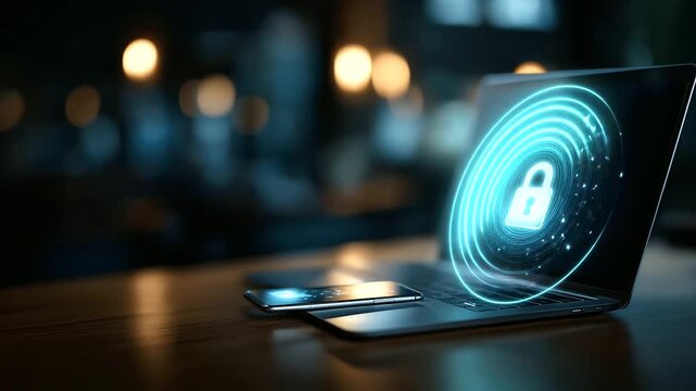 Secure authentication process on smartphone and laptop devices glowing padlock hologram online privacy protection multi factor verification system data encryption technology
