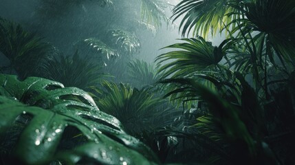 Tropical jungle experiencing heavy rainfall and wet foliage