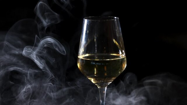 Elegant white wine glass rotating in motion, surrounded by smoke on a dark background with dramatic lighting